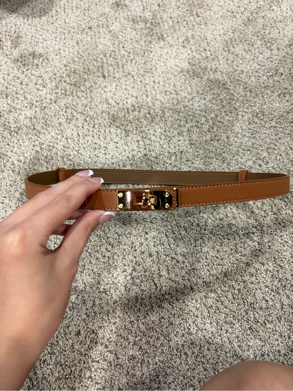 Leather Skinny Belt with Gold Buckle - Tan